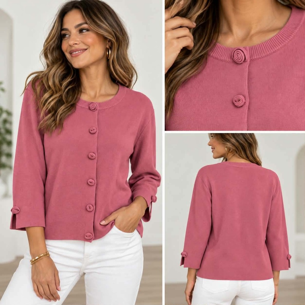 Grace Elements Women XL Pink Silk Blend Rosette Button 3/4 Sleeve Cardigan
